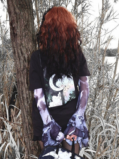 プリントTシャツ ブラック ショート ギャル 漫画 ファッション 袖