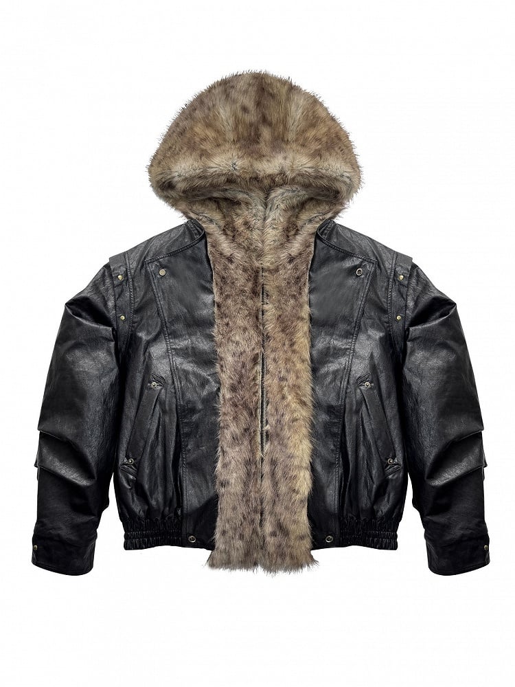 Accent with Jacket - Zip Snap Hooded Style Closure Punk Plush Details Black