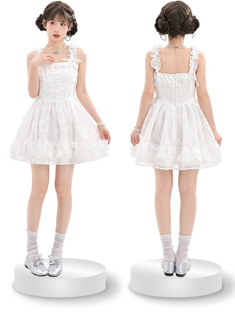 Sleeveless Dress Embellished Sweet White Ruffled Square Neckline Butterfly