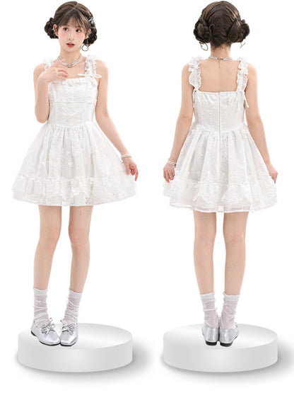 Sleeveless Dress Embellished Sweet White Ruffled Square Neckline Butterfly