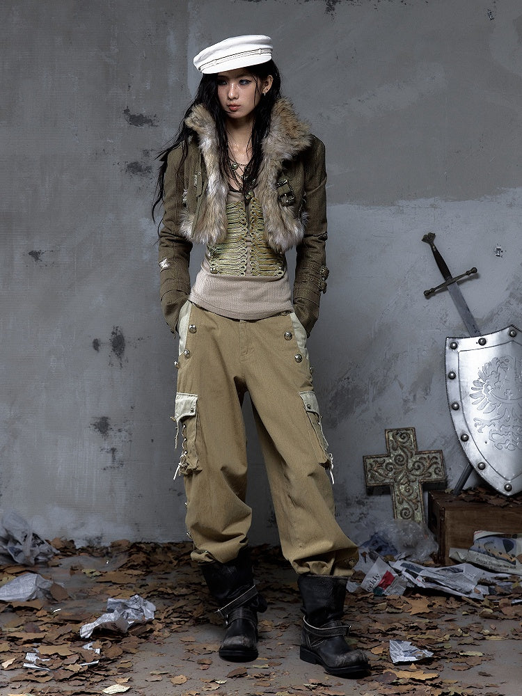 Buckle Punk Denim with Fur Crop Street Green Straps Faux Vintage Collar Jacket