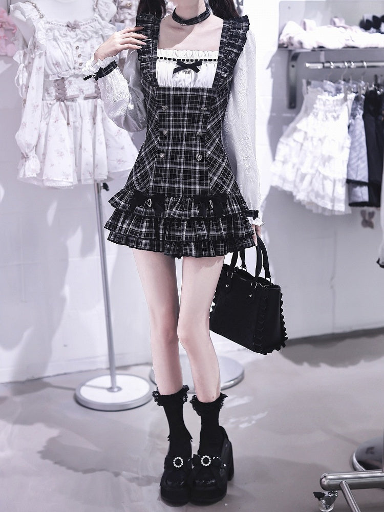 Jirai Kei Two-Piece Set: Plaid Square-Neck Long-Sleeve Dress & Ruffle Shorts - Ekomi