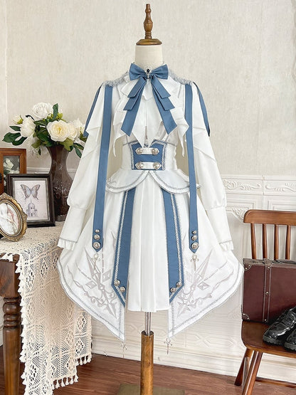 White and Blue Military Lolita Outfit Long Sleeves Top + Corset Belt High Waist Skirt