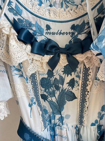 Poetry‌ Print Blue and Sizes Classic Sash Dress Plus with Available Self-tie Elegant Mulberry Lolita