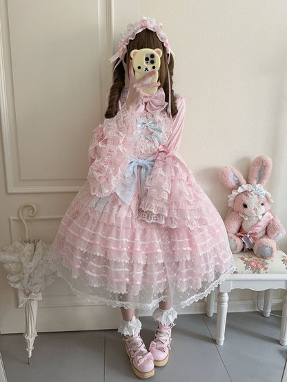 Lolita Bodice Princess Jumper Skirt Overlay Flower Heart Pink Applique Hem