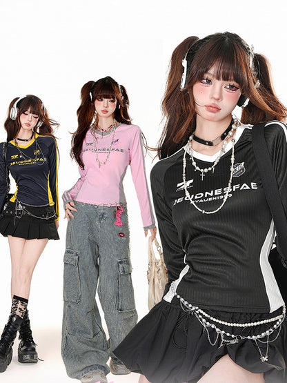 Pink/Black/Navy Blue Letters Print V-neck Striped Sports Top