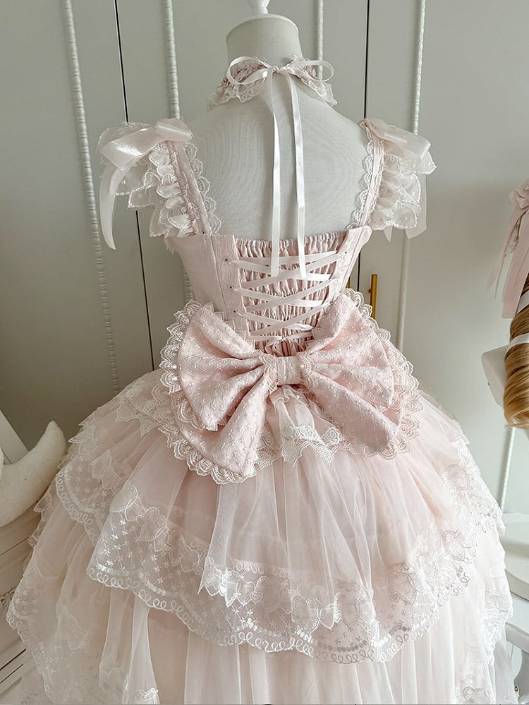 Pink Multi-Layered Lace-Trimmed Lolita JSK Dress with Bow Accents - Dream Gift Box