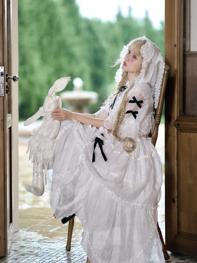 White Flutter Sleeve Petal Hem JSK with Bunny Hood & Lace Skirt Ensemble
