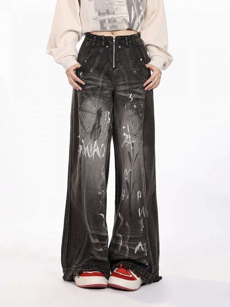 Black Closure Lines Visible Zipper Tie-Dye Graffiti Wide-Leg Jeans with Flowing