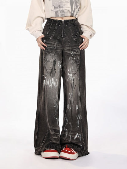 Black Closure Lines Visible Zipper Tie-Dye Graffiti Wide-Leg Jeans with Flowing