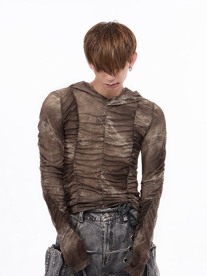 Brown Wasteland Punk Long Sleeve Top - Ruched Detail & Thumbhole Cuffs