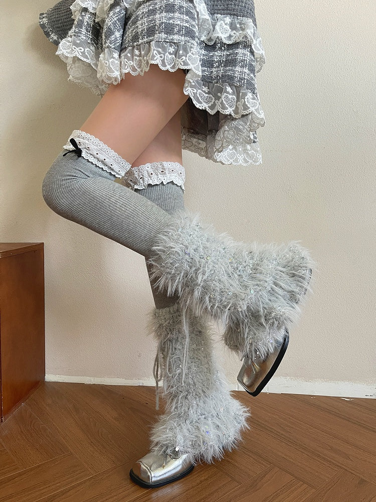 Bowknot Trim Knee Stockings Gray/White Light Over Lace