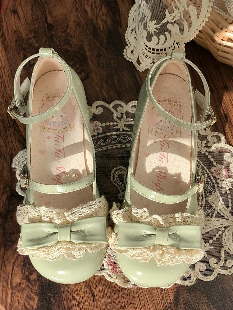 Lace Shoes Low Mary Jane PU Green - with Lolita Heel Leather Detail