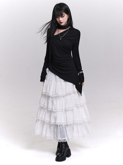 Length Tea Trim Chiffon Blue Mesh with White/Black/Light Tiered Lace Skirt