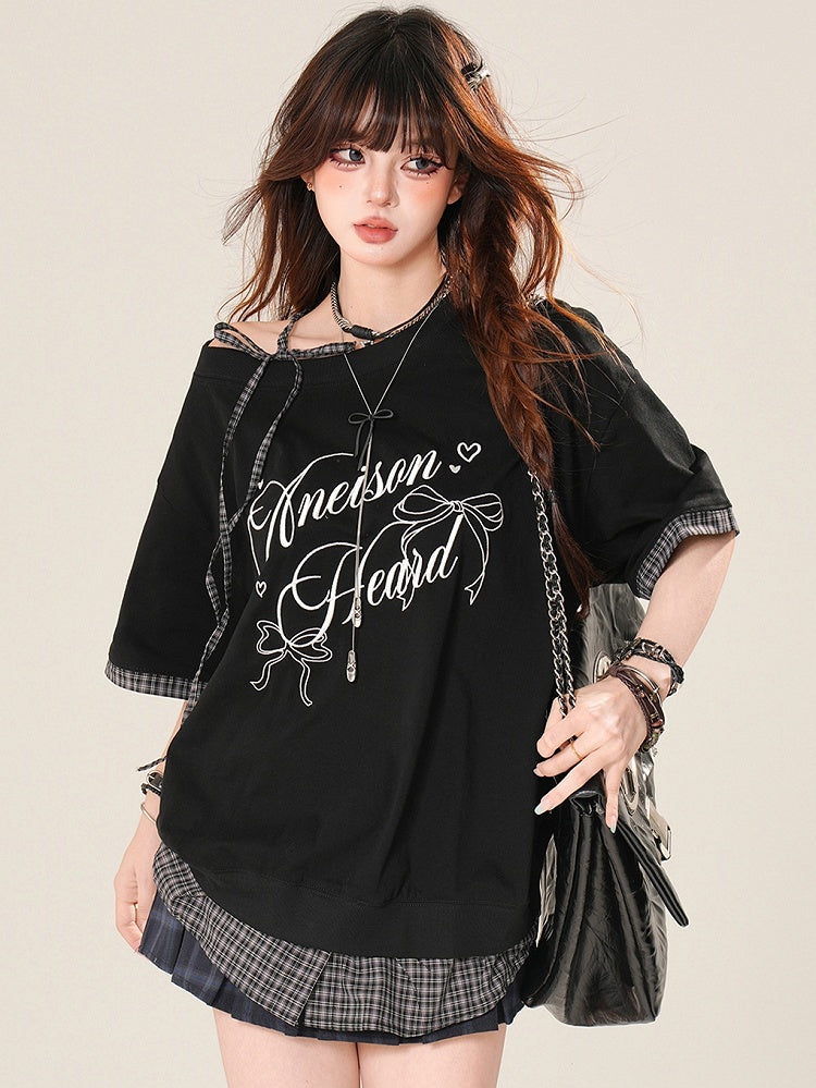 Musterträger Bittersweet Selbstbinden Kariertes T-Shirt Schwarz Asymmetrischer Ausschnitt