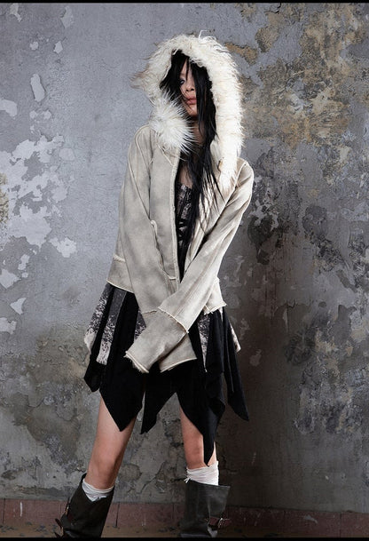 Punk Collar Cotton Fur Grayish Jacket Apricot Distressed Faux with Detachable Hoodie Lining/Regular