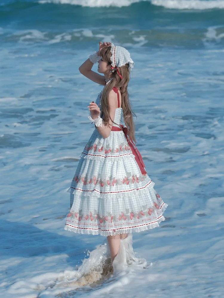 Strawberry Print Blue Lolita Gingham Dress Sweet Summer Lolita Jumper Skirt