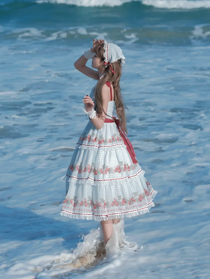 Strawberry Print Blue Lolita Gingham Dress Sweet Summer Lolita Jumper Skirt