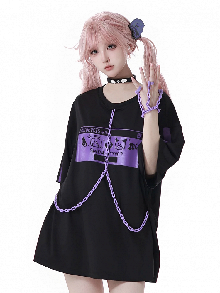 Purple with and Pixel Characters Print Chain Design Jirai Kei T-Shirt Ring Bracelet Finger Black