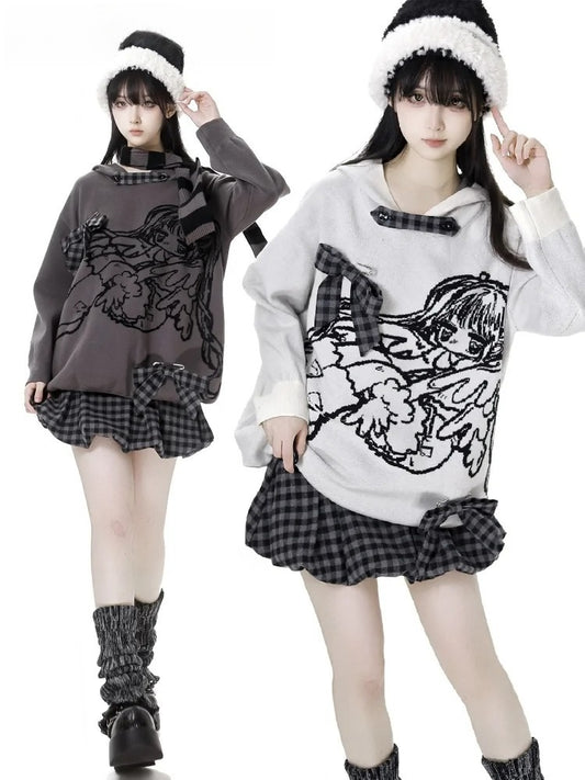 ホワイト/グレーの小さな漫画の女の子のフード付きセーター