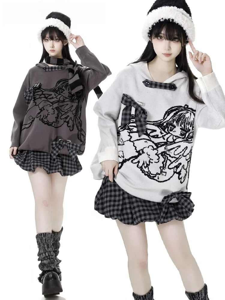Weiß/Grauer Kapuzenpullover mit kleinem Cartoon-Mädchen