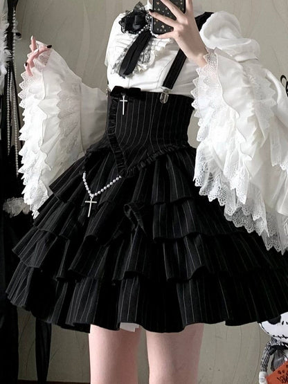 Cross Short White + Sleeves Striped Gothic-Style with Blouse High Skirt Lolita Waist Accents Black