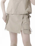 Khaki Snap and Drawstring Detail Techwear Skort