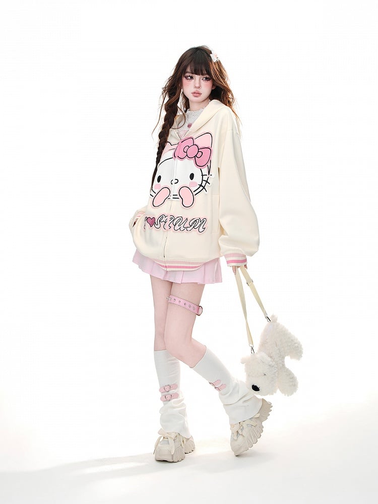 Apricot/Schwarz – Oversize-Kapuzenpullover mit Kätzchen-Stickerei und Reißverschluss