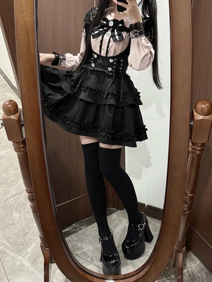 Sweet & Edgy Jirai Kei Coord Set: Pink Heart Rhinestone Blouse & Black Tiered Susender Skirt