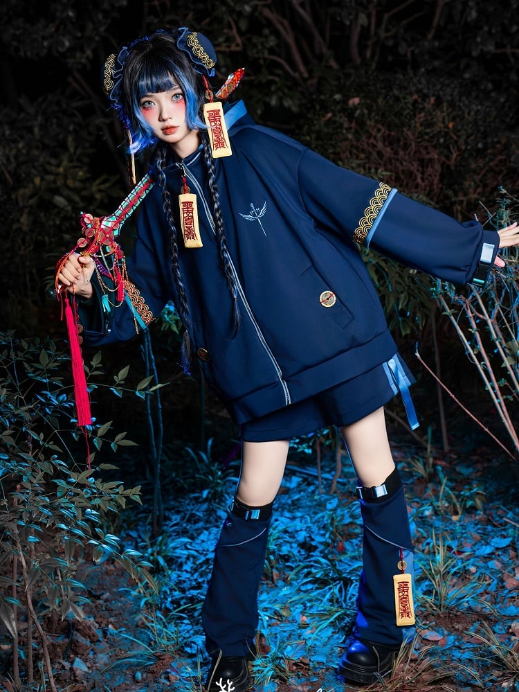 Zombie Techwear Little Set: Goth Navy Jacket Cheongsam Hooded