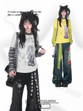 Two-Piece Print with Faux Cartoon Girl Striped Top BlackGray/YellowGreen Sleeves
