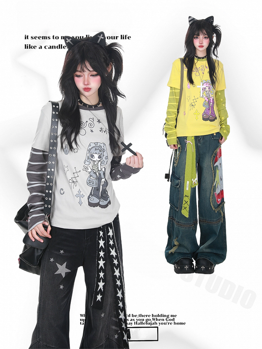 Two-Piece Print with Faux Cartoon Girl Striped Top BlackGray/YellowGreen Sleeves