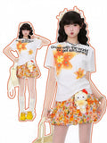 Print with White Kawaii T-shirt Daily Floral Round Neck