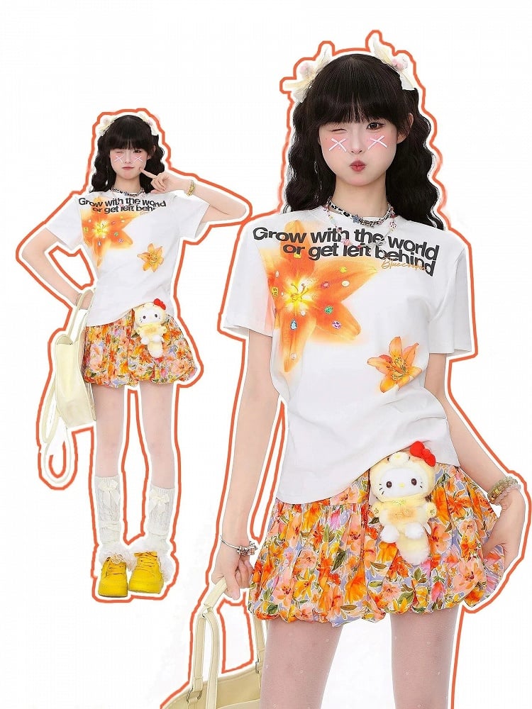 Print with White Kawaii T-shirt Daily Floral Round Neck