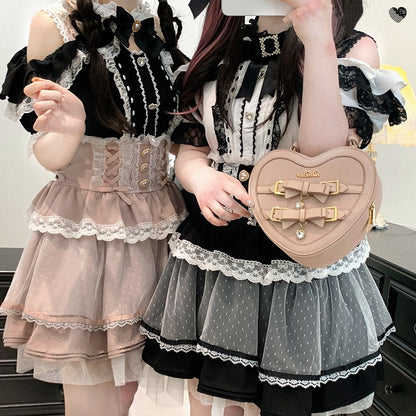 Jirai Kei Black/White/Red/Light Buttons Blue Open Shoulder Sweetheart Lace Trim Blouse