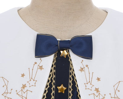 Navy Blue Celestial Globe & Starry Bow Accents Flounce Hem Lolita Dress