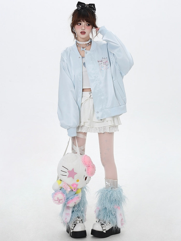 Light Blue/Pink Cats Spring Baseball Jacket