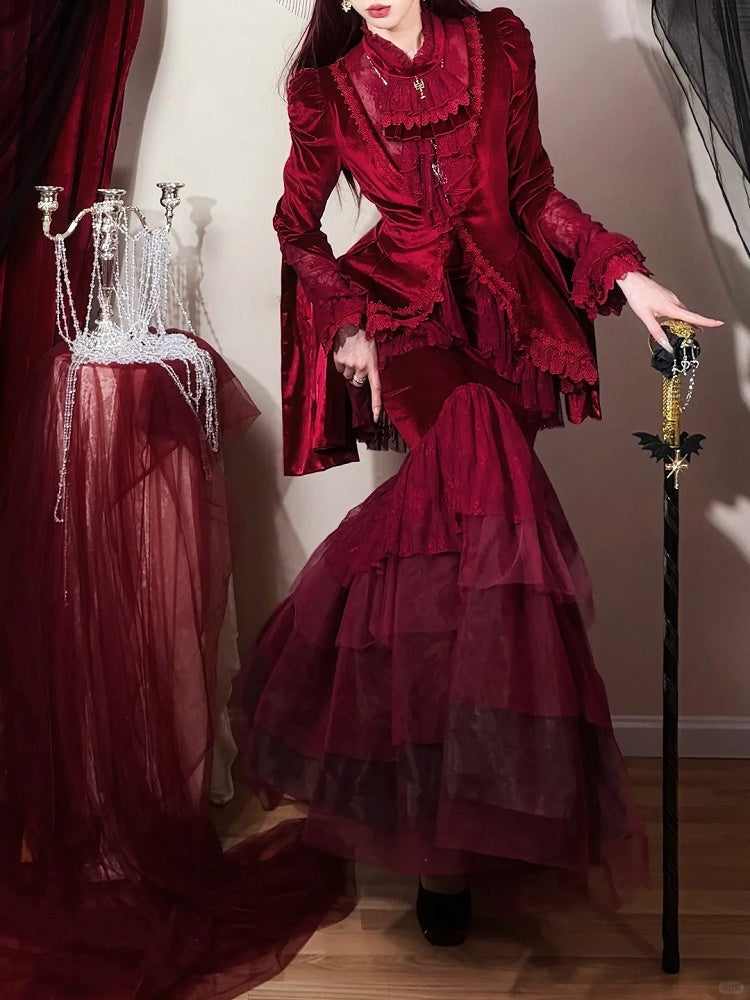 Embroidered Lace Blouse with Velvet V-Neck Coat and Layered Mermaid Skirt - DevilInspired Exclusive Collection
