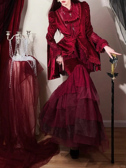 Embroidered Lace Blouse with Velvet V-Neck Coat and Layered Mermaid Skirt - DevilInspired Exclusive Collection
