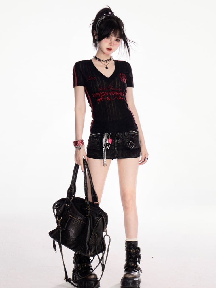 Waist Faded Wash Distressed Design Denim Skirt Bodycon Black Low Mini
