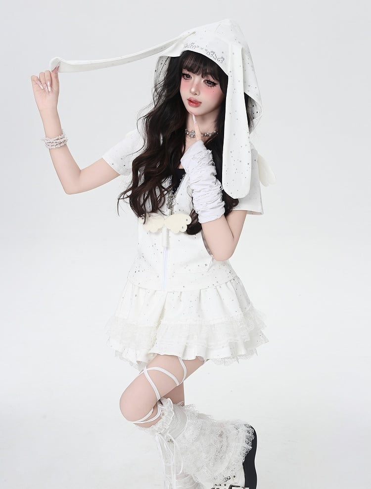 White Print Bunny Ears and Design Hood Allover Wings Star Angel