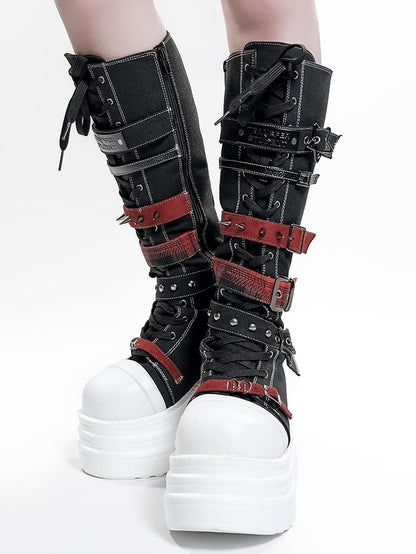 Bottes à plateforme avec système de fermeture, Punk, Hybride en toile rouge et noire