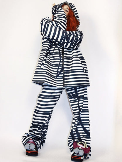 Hoodie Oversized Gyaru Schwarz-Weiß Muster Mode Reißverschluss Gestreifter Verschluss