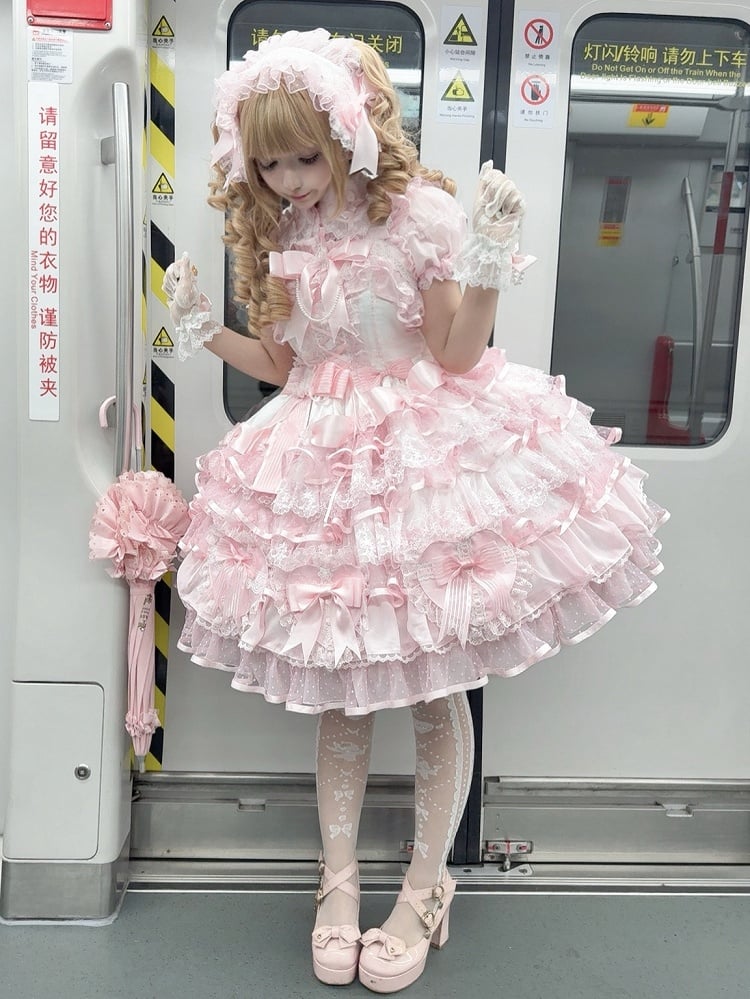 Lolita Heart-shaped Princess Jumper Pink Skirt Layered White Hanayome Decoration and Dress Bows