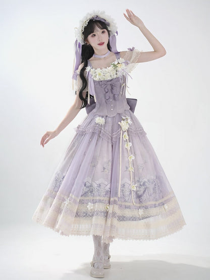 Klassischer Langer Rock Lolita Dekoration + Jasmine Top Print Set Lila Korsett Floral