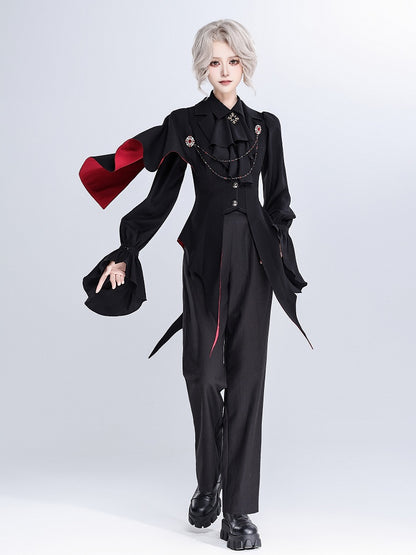 Vampire Prince Black and Red Split-Tail Waistcoat with One-Shoulder Cape - DevilInspired Exclusive Collection