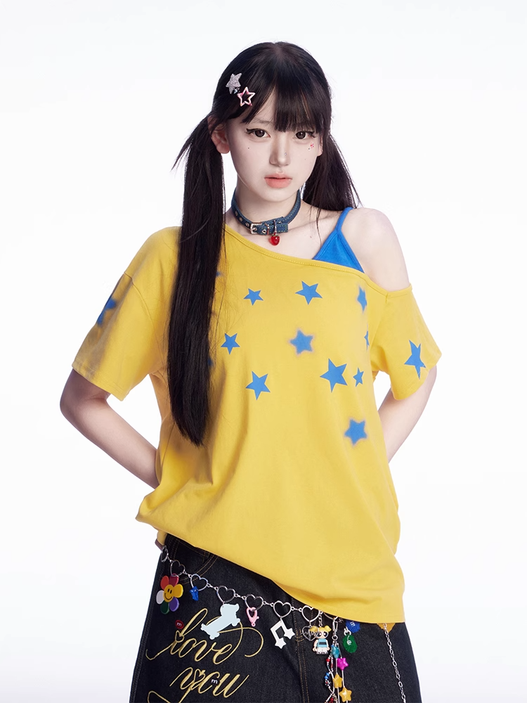 スターフェイクアシンメトリーTシャツ ブループリント ネックライン イエロー