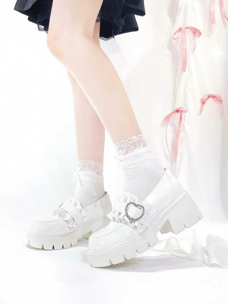 6.5cm White Chunky with Sweetheart Detail Kei Platform Heel Loafers Beaded Jirai