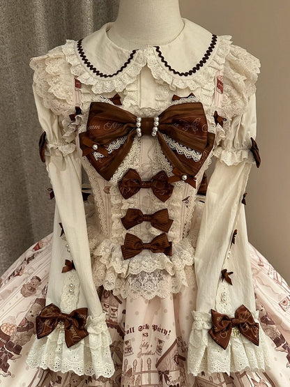 Sweet Brown Little Dress Lace Lolita Bear JSK Flutter with Sleeves Print Beige Details Workshop