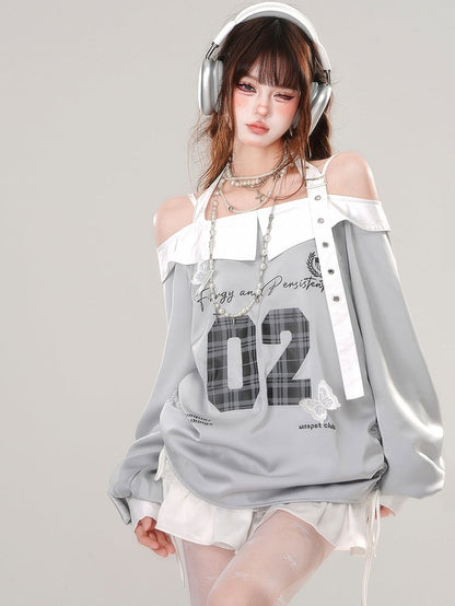 Grey Numbers Print Buckle Strap Halter Sporty Top Drawstring Waist